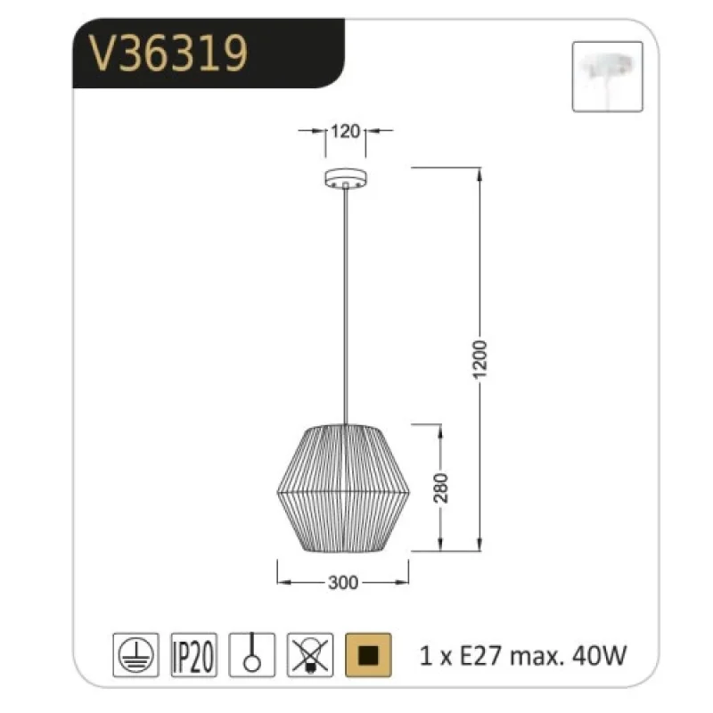 Peru V36319 – ACA Lighting пендел в бял, 1X40W