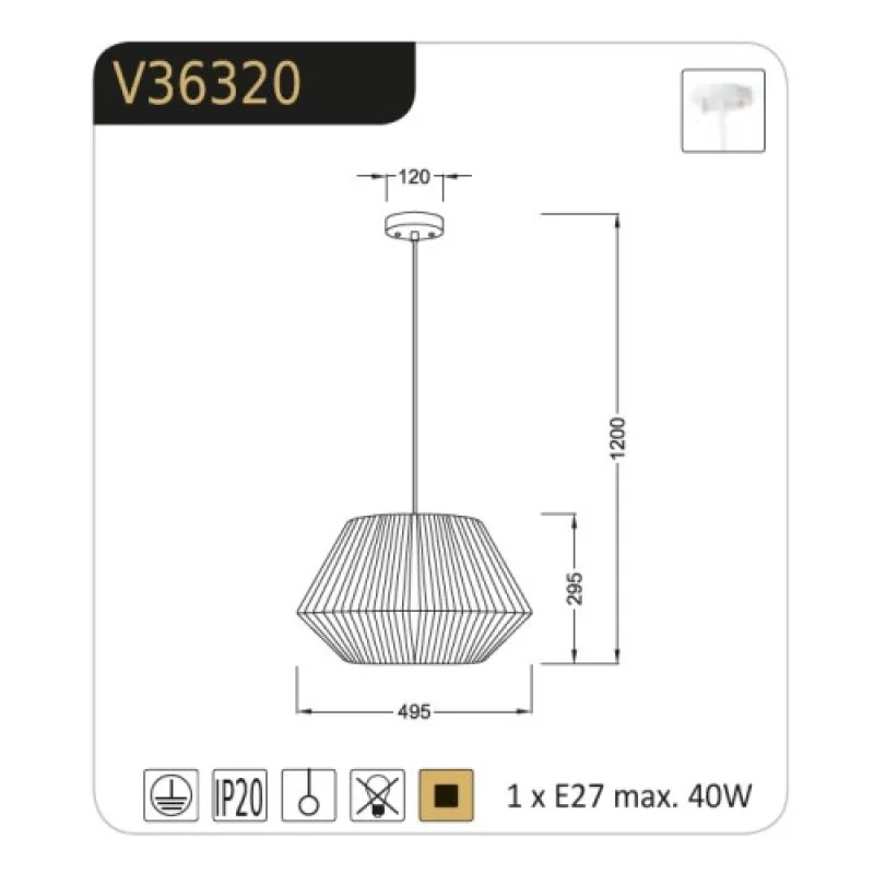 Peru V36320 – ACA Lighting пендел в бял, 1X40W