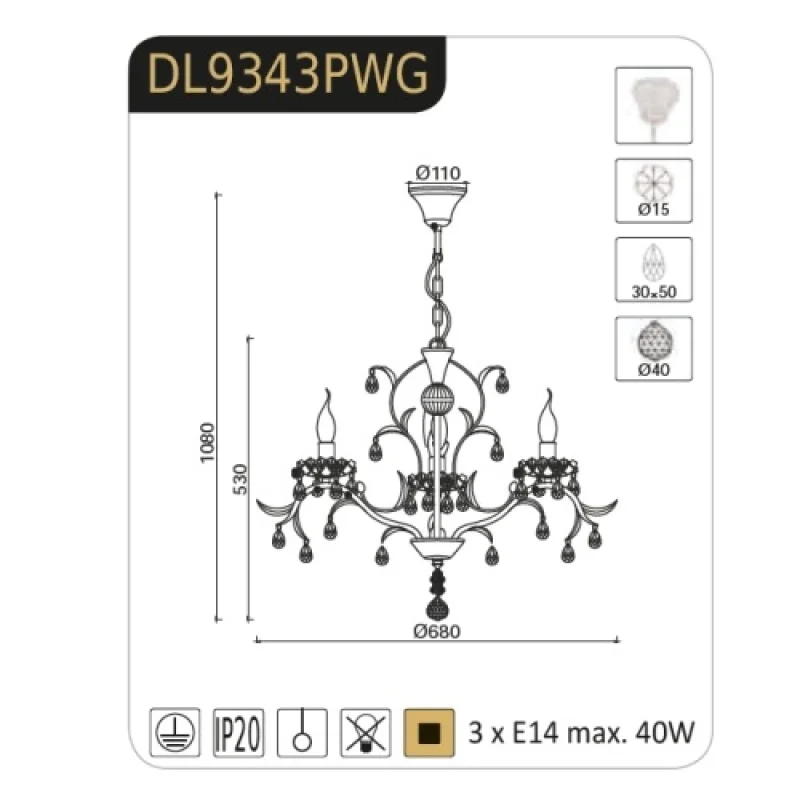 Sardinia DL9343PWG – ACA Lighting полилей, 3X40W
