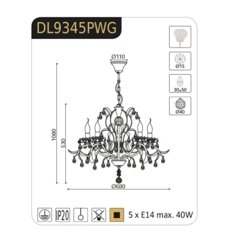 Sardinia DL9345PWG – ACA Lighting chandelier, 5X40W