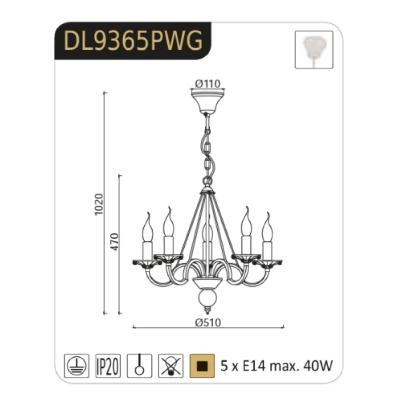 Geisha DL9365PWG – ACA Lighting chandelier in antique white, 5X40W