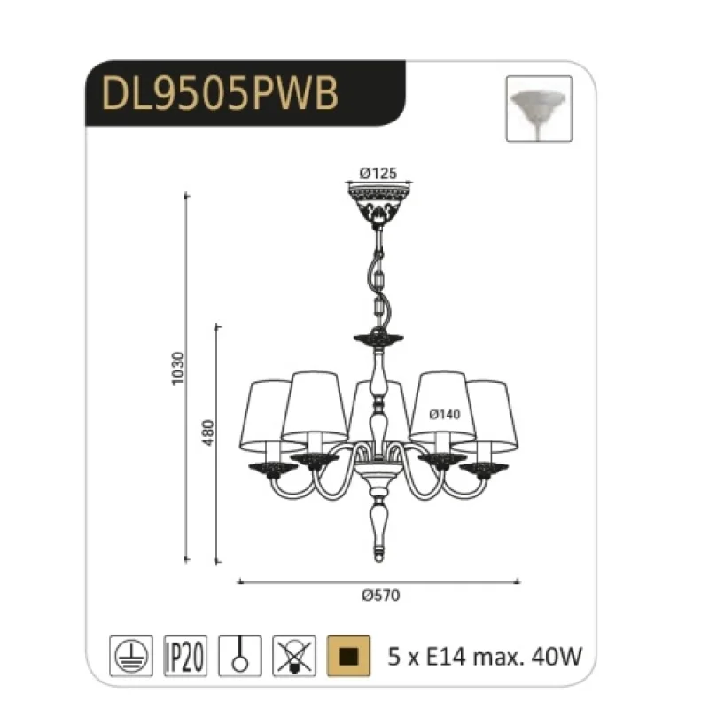Karpathia DL9505PWB – ACA Lighting chandelier in antique white, 5X40W