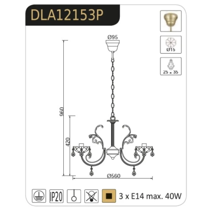 Faberge DLA12153P – ACA Lighting полилей в античен месинг, 3X40W