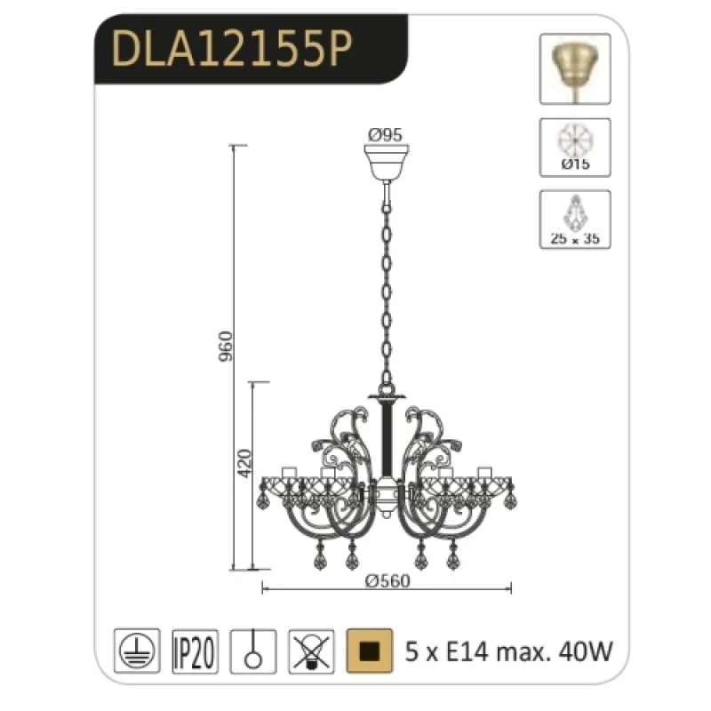 Faberge DLA12155P – ACA Lighting chandelier in antique brass, 5X40W