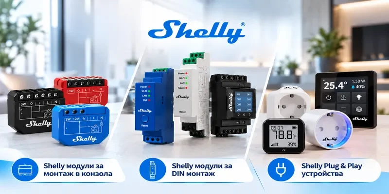 Модули Shelly за конзола, за DIN шина и Plug and Play устройства