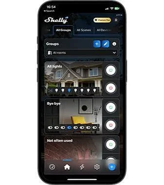Приложението Shelly на телефон с групи и сценарии за осветлението